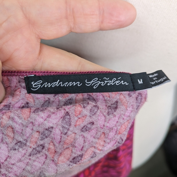 Gudrun Sjoden Pullover Top Medium Purple Pink Leaves Print Lettuce Hem Long Slee - Picture 9 of 14